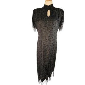 Jet Black Silk Beaded Fringe Evening Sheath Dress Sz M Asymmetrical Thigh Slit